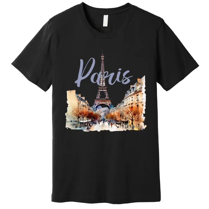 Paris France Eiffel Tower Watercolor Premium T-Shirt