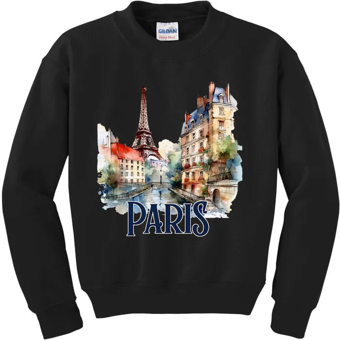 Paris France Eiffel Tower Watercolor Kids Sweatshirt