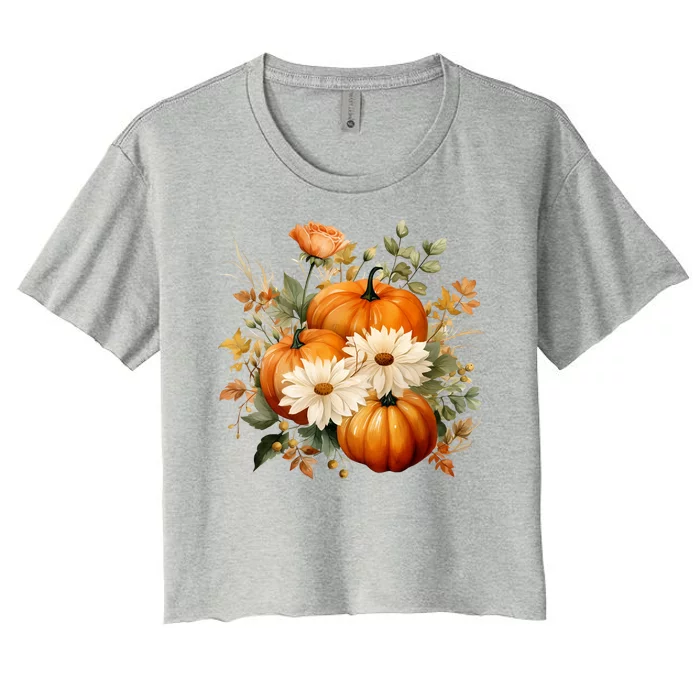 Pumpkin Fall Floral Festive Women's Crop Top Tee