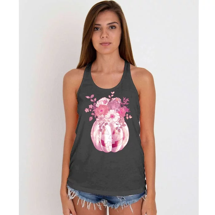 Pastel Floral Halloween Pumpkin Jackolantern Women's Knotted Racerback Tank