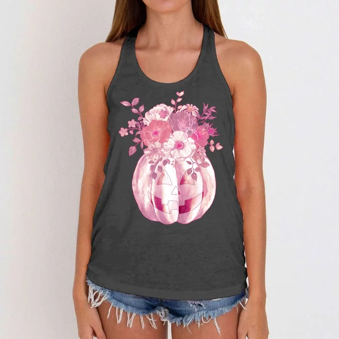 Pastel Floral Halloween Pumpkin Jackolantern Women's Knotted Racerback Tank