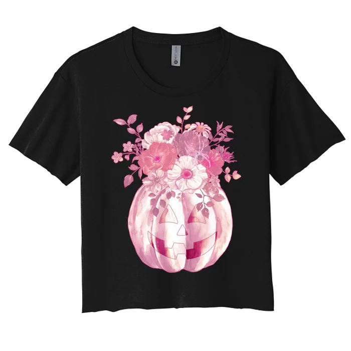 Pastel Floral Halloween Pumpkin Jackolantern Women's Crop Top Tee