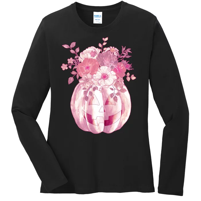 Pastel Floral Halloween Pumpkin Jackolantern Ladies Long Sleeve Shirt