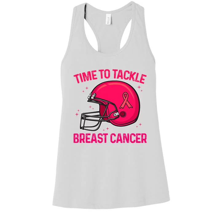 Pink Football Helmet Ribbon Time To Tackle Breast Cancer Women's Racerback Tank