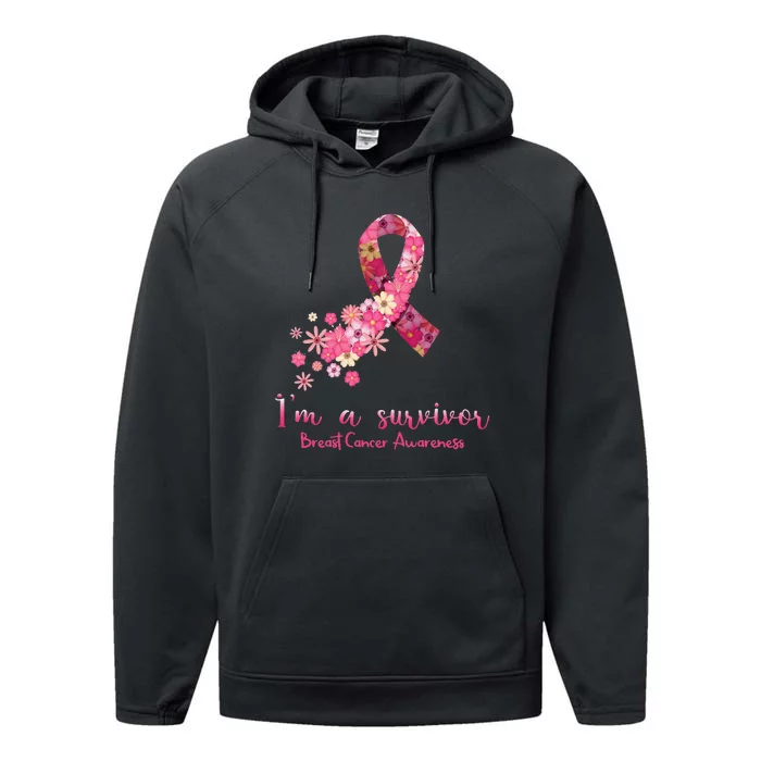 Pink Flowers Heart I'm A Survivor Breast Cancer Awareness Performance Fleece Hoodie