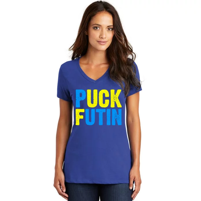 Puck Futin I Stand With Ukraine Lover Ukrainian Flag Gift Women's V-Neck T-Shirt