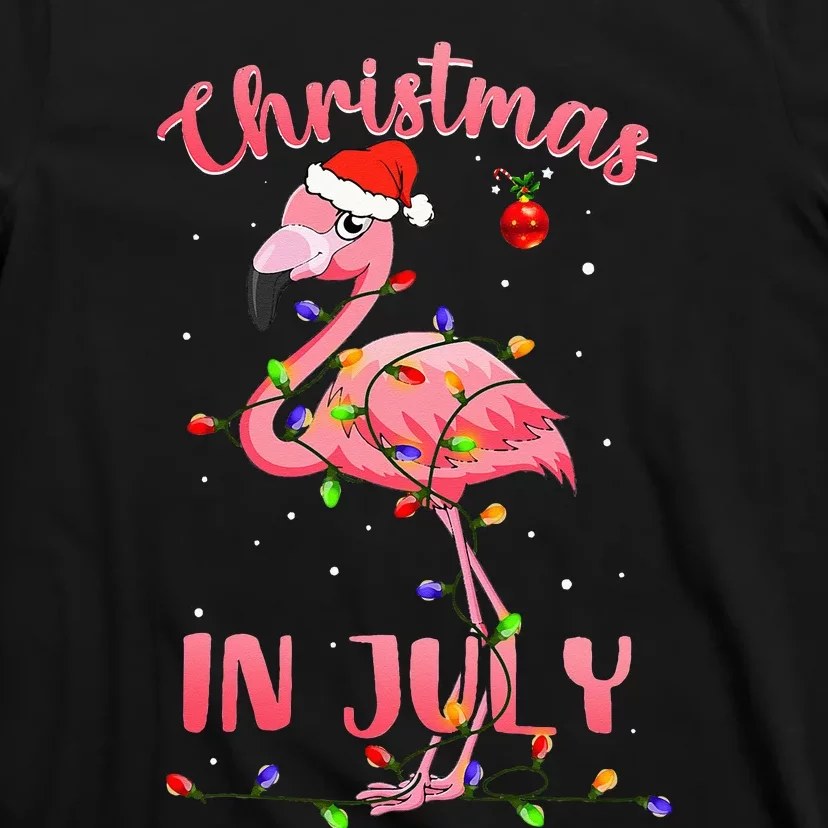 Pink Flamingo In Santa Hat Christmas In July T-Shirt