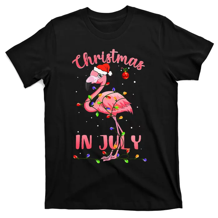 Pink Flamingo In Santa Hat Christmas In July T-Shirt