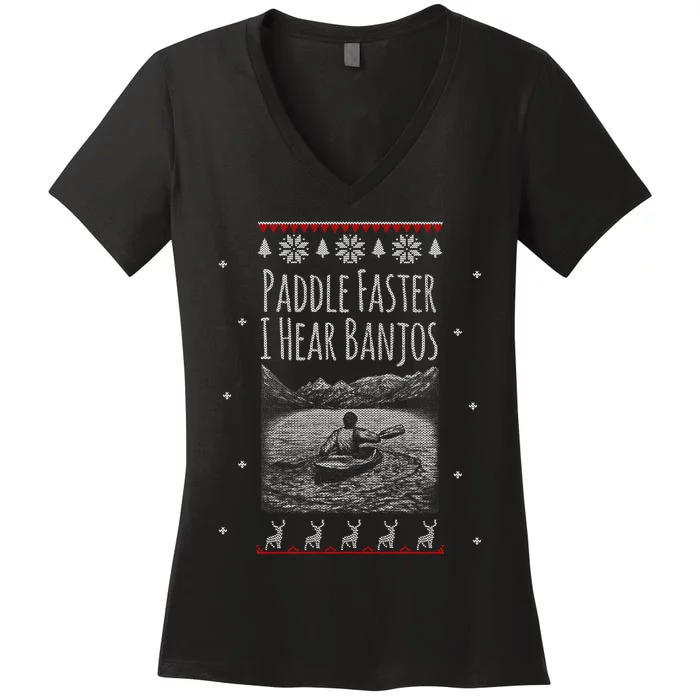 Paddle Faster I Hear Banjos Ugly Canoeing Christmas Sweater Gift Women's V-Neck T-Shirt