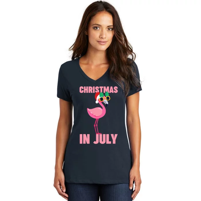 Pink Flamingo in Santa Hat Christmas In July Girl Women's V-Neck T-Shirt