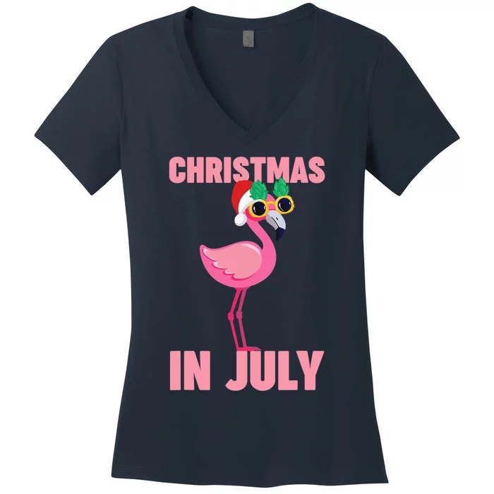 Pink Flamingo in Santa Hat Christmas In July Girl Women's V-Neck T-Shirt