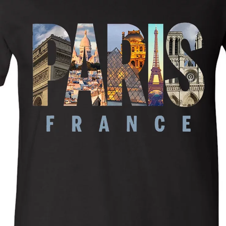 Paris France Landmarks V-Neck T-Shirt