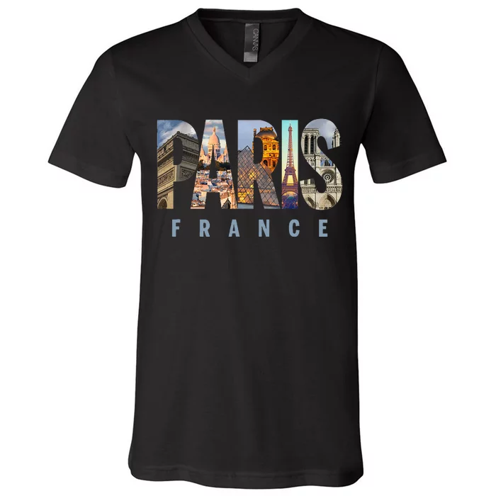 Paris France Landmarks V-Neck T-Shirt