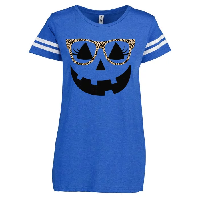 Pumpkin Face Leopard Glasses JackoLantern Halloween Enza Ladies Jersey Football T-Shirt