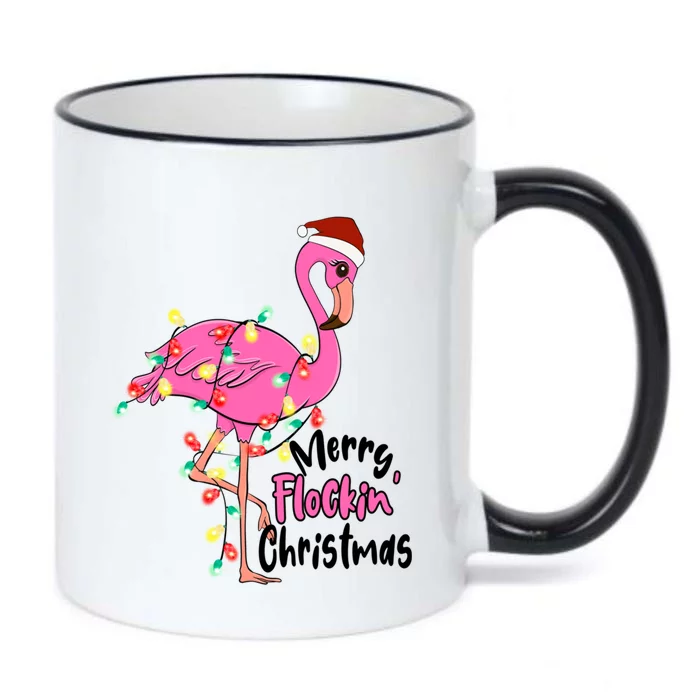 Pink Flamingo Merry Flocking Christmas Tree Lights Cute Gift Black Color Changing Mug