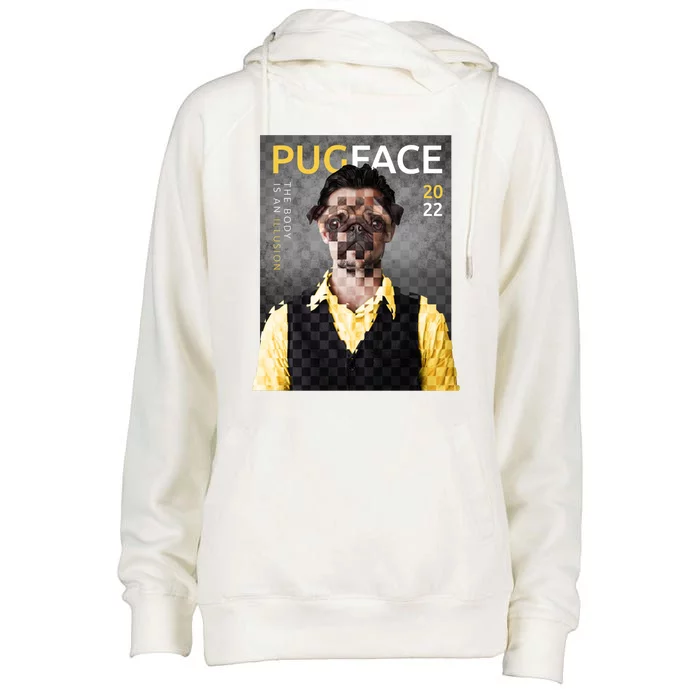 Pug Face Man Magazine Pixelated Womens Funnel Neck Pullover Hood