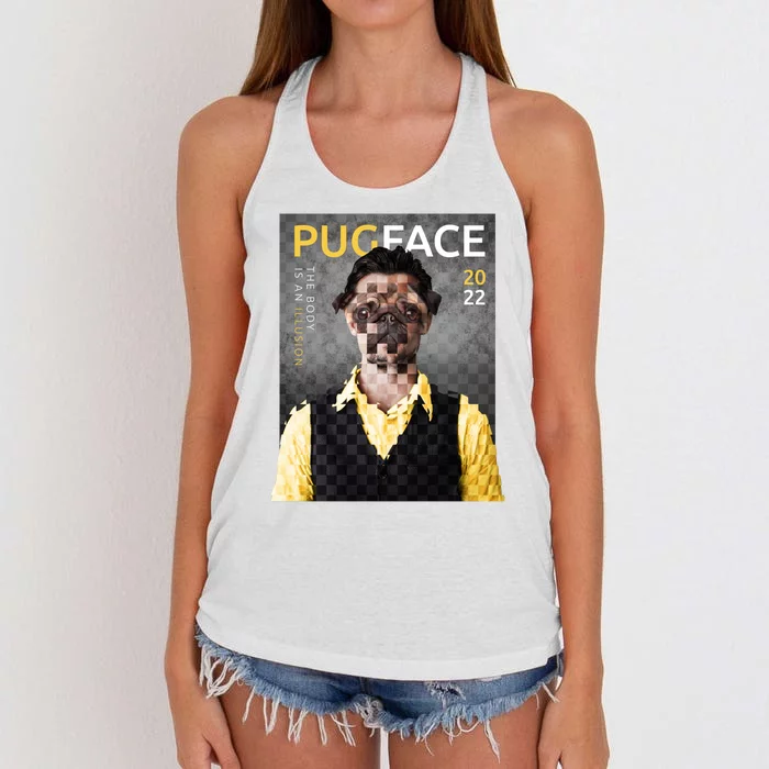 Pug Face Man Magazine Pixelated Women's Knotted Racerback Tank