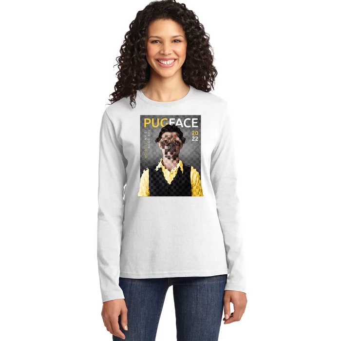 Pug Face Man Magazine Pixelated Ladies Long Sleeve Shirt