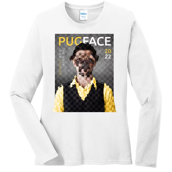 Pug Face Man Magazine Pixelated Ladies Long Sleeve Shirt