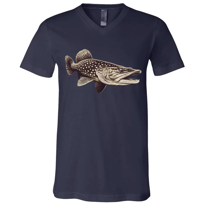 Pike Fish Monchrome V-Neck T-Shirt