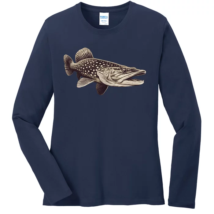 Pike Fish Monchrome Ladies Long Sleeve Shirt