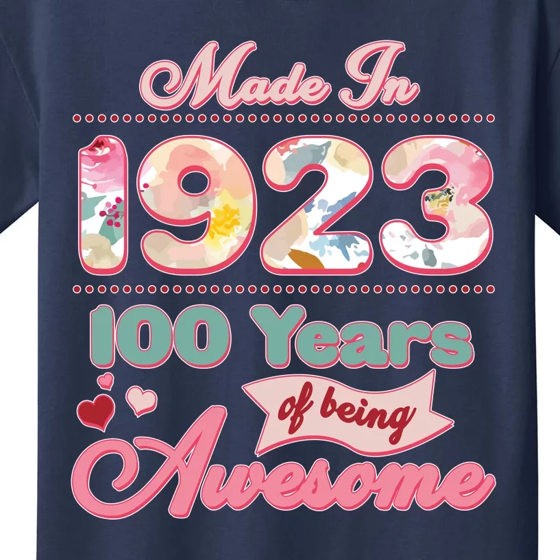 Pink Floral Made In 1923 100 Years Of Being Awesome Birthday Kids T-Shirt