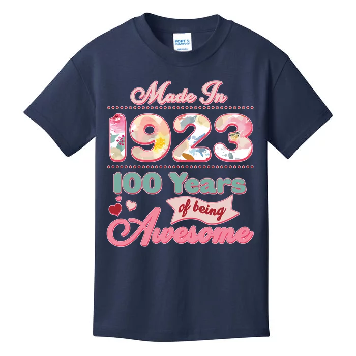 Pink Floral Made In 1923 100 Years Of Being Awesome Birthday Kids T-Shirt