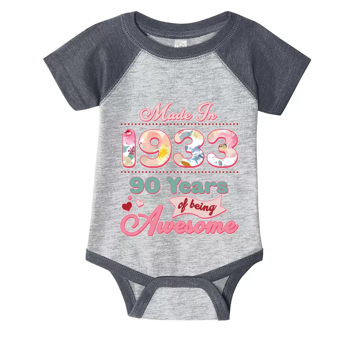 Pink Floral Made In 1933 90 Years Of Being Awesome Birthday Infant Baby Jersey Bodysuit