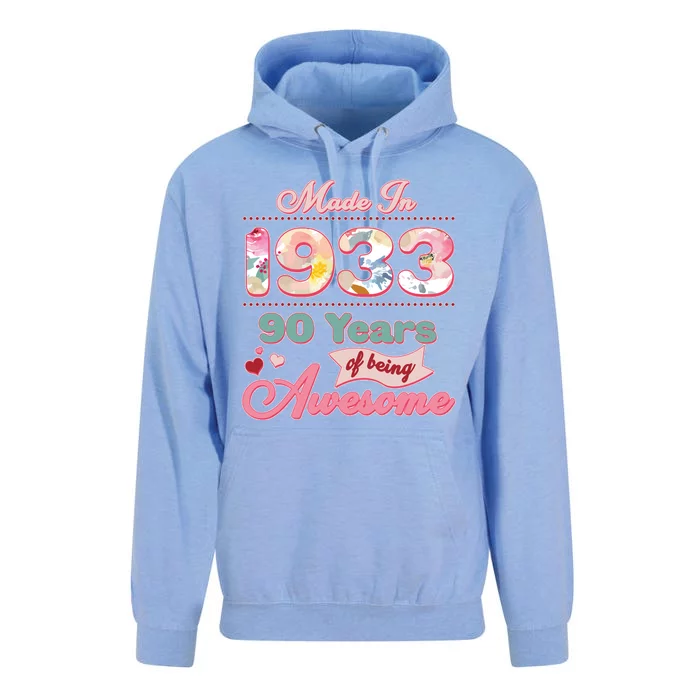 Pink Floral Made In 1933 90 Years Of Being Awesome Birthday Unisex Surf Hoodie