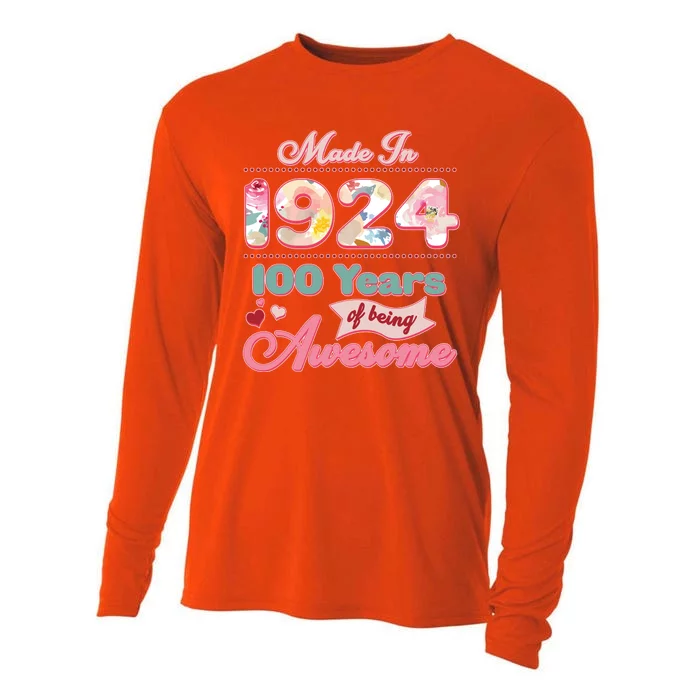 Pink Floral Made In 1924 100 Years Of Being Awesome Birthday Cooling Performance Long Sleeve Crew