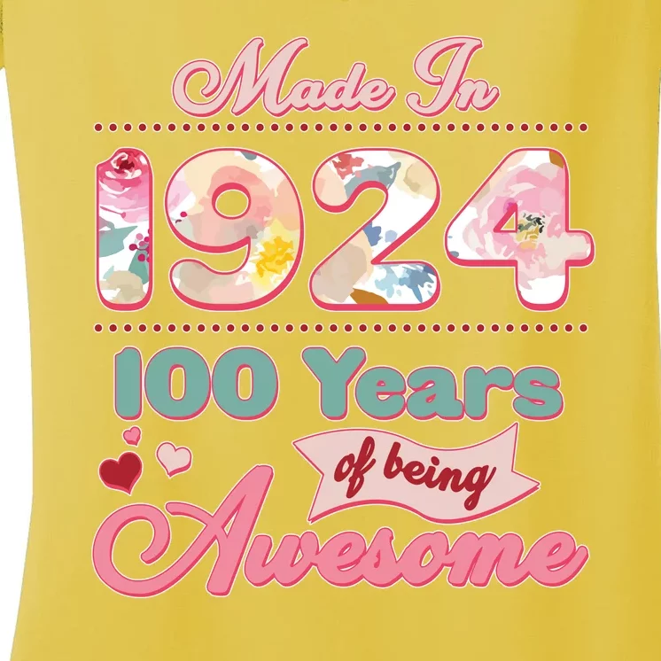 Pink Floral Made In 1924 100 Years Of Being Awesome Birthday Women's V-Neck T-Shirt