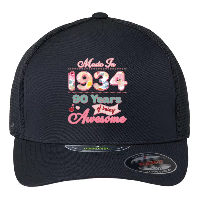 Pink Floral Made In 1934 90 Years Of Being Awesome Birthday Flexfit Unipanel Trucker Cap