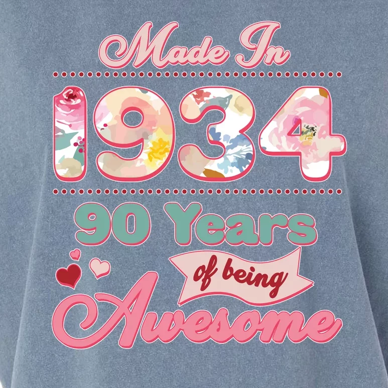 Pink Floral Made In 1934 90 Years Of Being Awesome Birthday Garment-Dyed Women's Muscle Tee