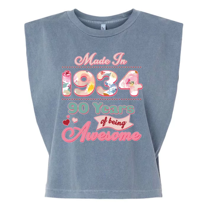 Pink Floral Made In 1934 90 Years Of Being Awesome Birthday Garment-Dyed Women's Muscle Tee