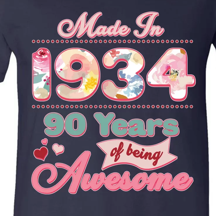 Pink Floral Made In 1934 90 Years Of Being Awesome Birthday V-Neck T-Shirt