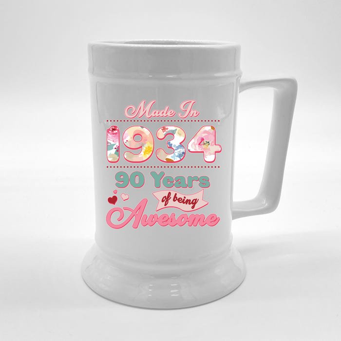 Pink Floral Made In 1934 90 Years Of Being Awesome Birthday Front & Back Beer Stein