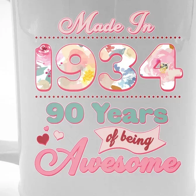 Pink Floral Made In 1934 90 Years Of Being Awesome Birthday Front & Back Beer Stein