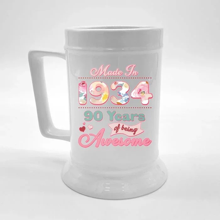 Pink Floral Made In 1934 90 Years Of Being Awesome Birthday Front & Back Beer Stein