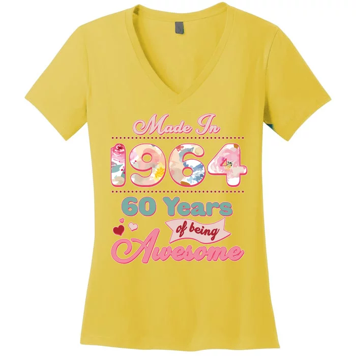 Pink Floral Made In 1964 60 Years Of Being Awesome Birthday Women's V-Neck T-Shirt