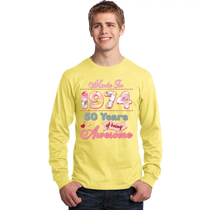 Pink Floral Made In 1974 50 Years Of Being Awesome Birthday Long Sleeve Shirt