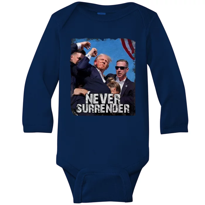 Pray For President Trump Never Surrender Baby Long Sleeve Bodysuit