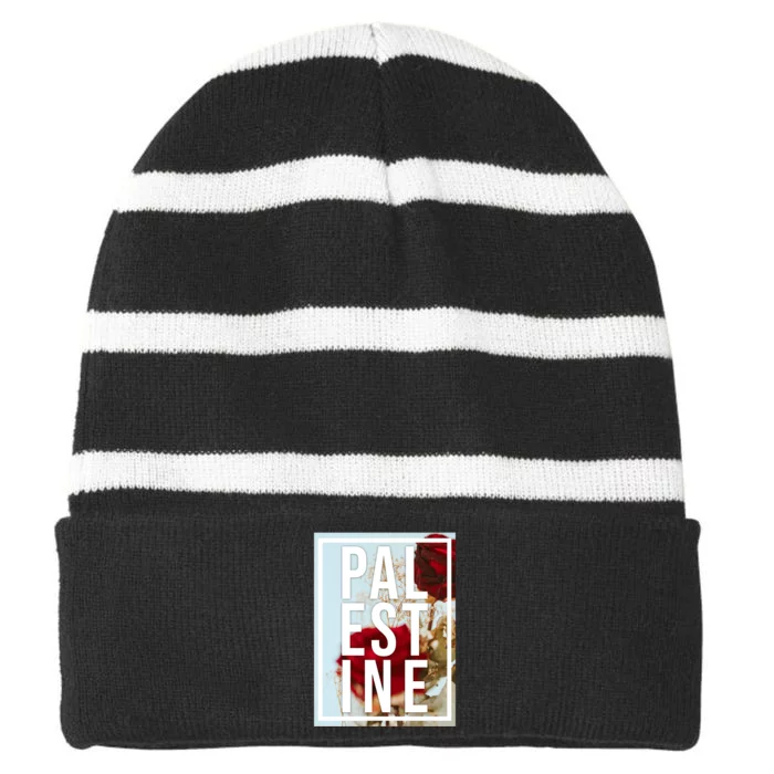 Palestine Free Palestine Free Gaza Palestine Flag Arabic Design Striped Beanie with Solid Band