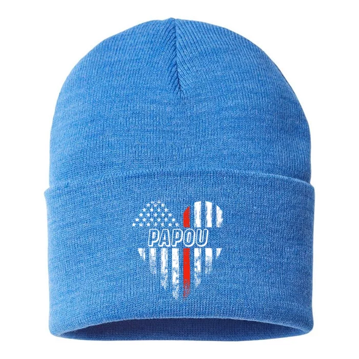 Proud Firefighter Papou American Flag Heart Gift Sustainable Knit Beanie