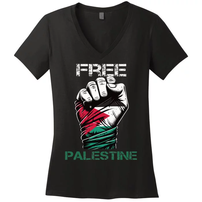 Palestine Free Palestine in Arabic Free Gaza Palestine Flag Women's V-Neck T-Shirt