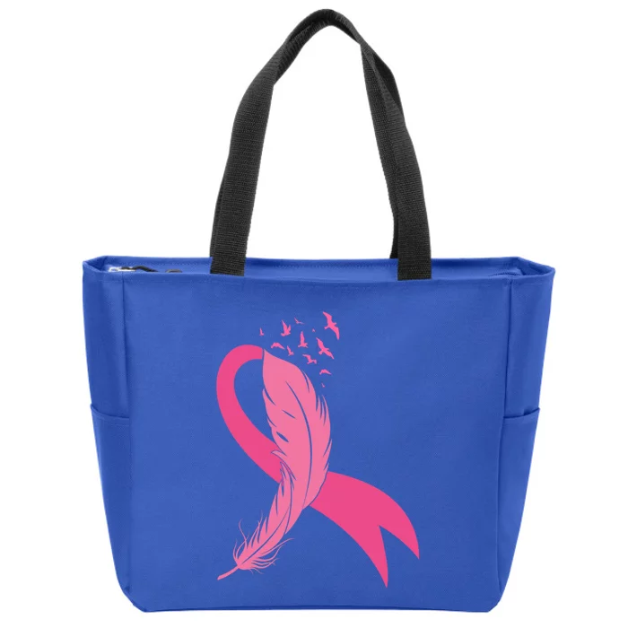 Pink Feather Ribbon Breast Cancer Awareness Gift Zip Tote Bag