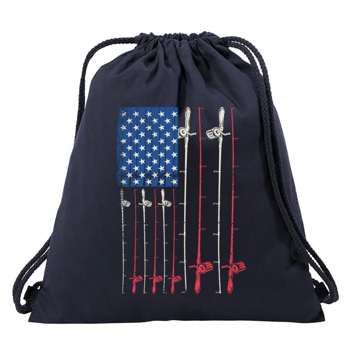 Patriotic Fishing Rods American Flag Fisher 4th Of July Gift Drawstring Bag