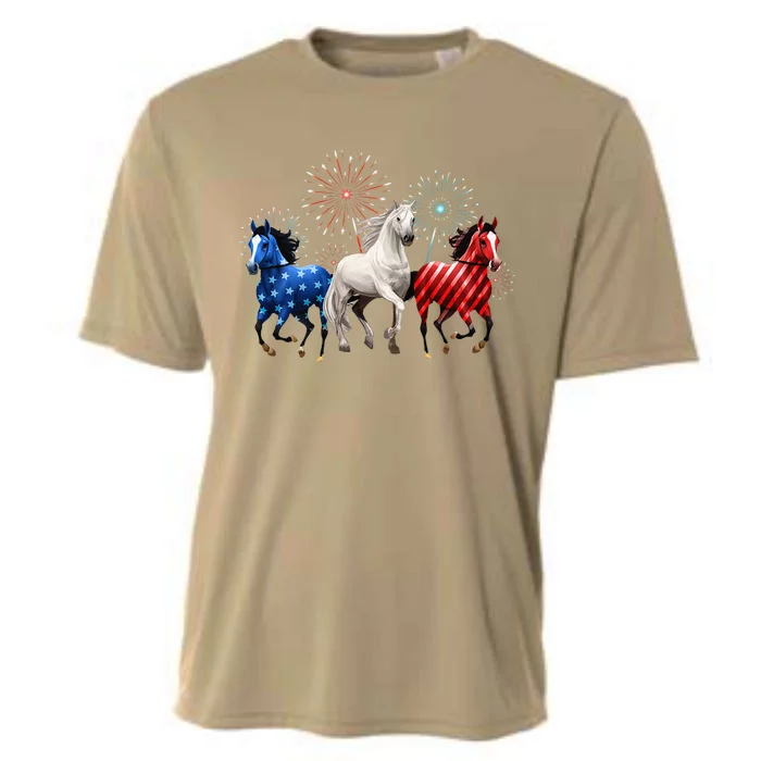 Patriotic Firework Red White Blue Horse Usa Flag July 4th Cooling Performance Crew T-Shirt