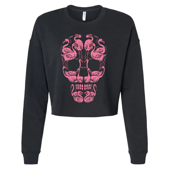 Pink Flamingo Skull Breast Cancer Awareness Halloween Cropped Pullover Crew