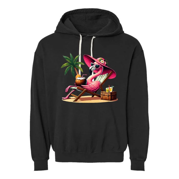 Pink Flamingo Summer Beach Palm Tree Summer Vacation Garment-Dyed Fleece Hoodie