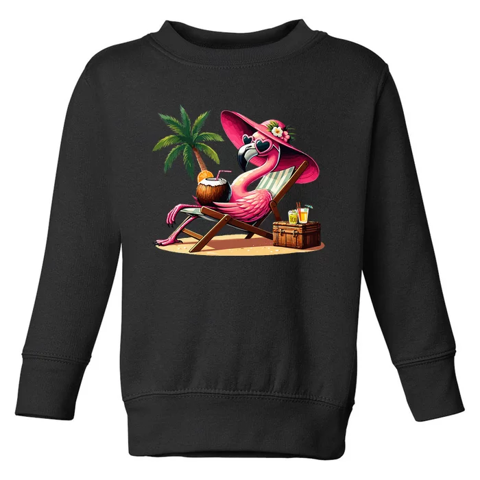 Pink Flamingo Summer Beach Palm Tree Summer Vacation Toddler Sweatshirt